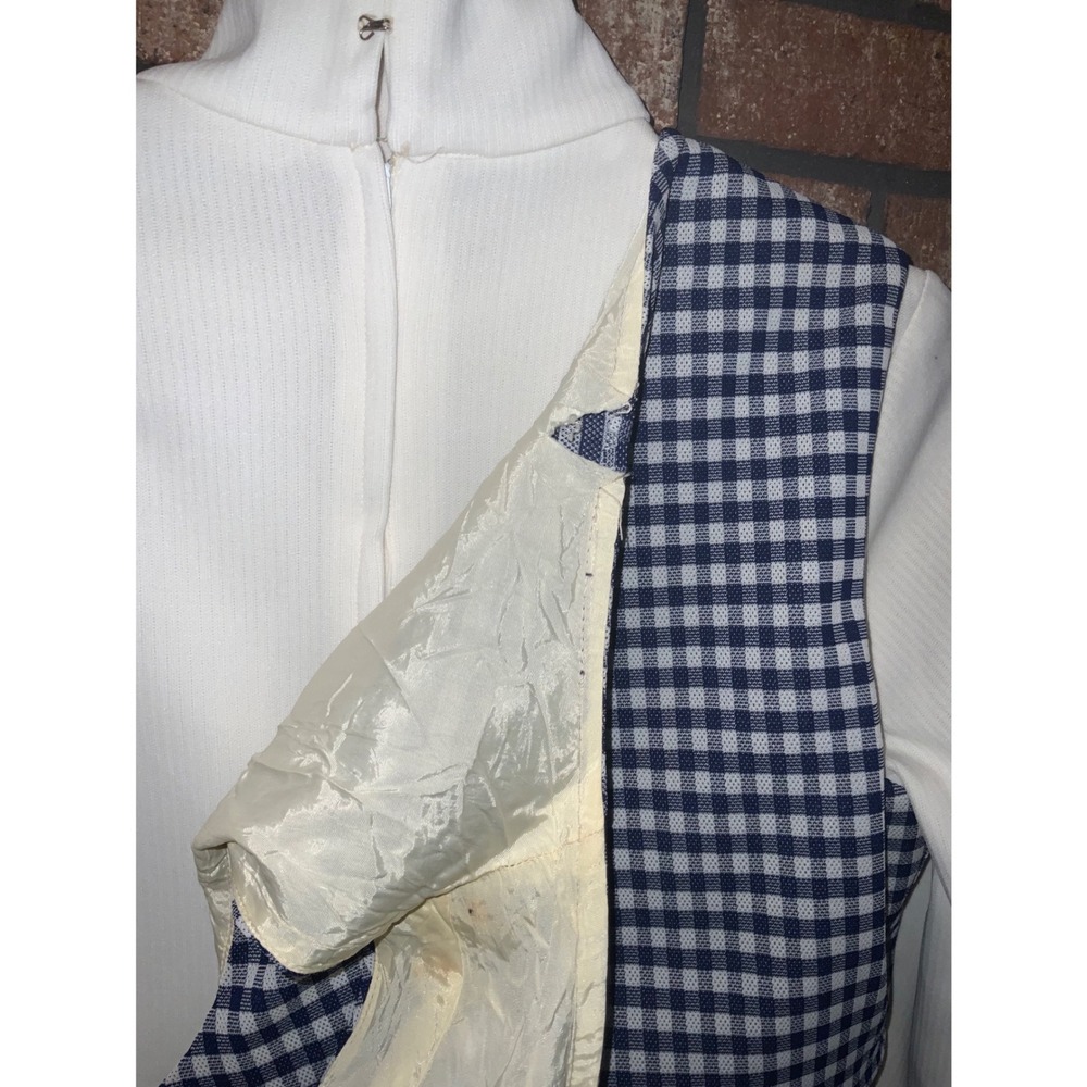 Vintage 60s Mod Gingham Check Faux Vest Turtleneck Dress Navy Blue White - Picture 5 of 5